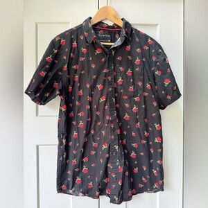 Empyre Black Rose Graphic Short Sleeve Button-Down Shirt – Medium, 100% Cotton